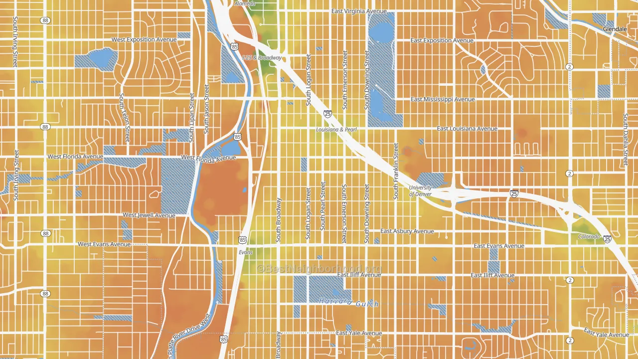 Transit Grade map of Platt Park, Denver, CO