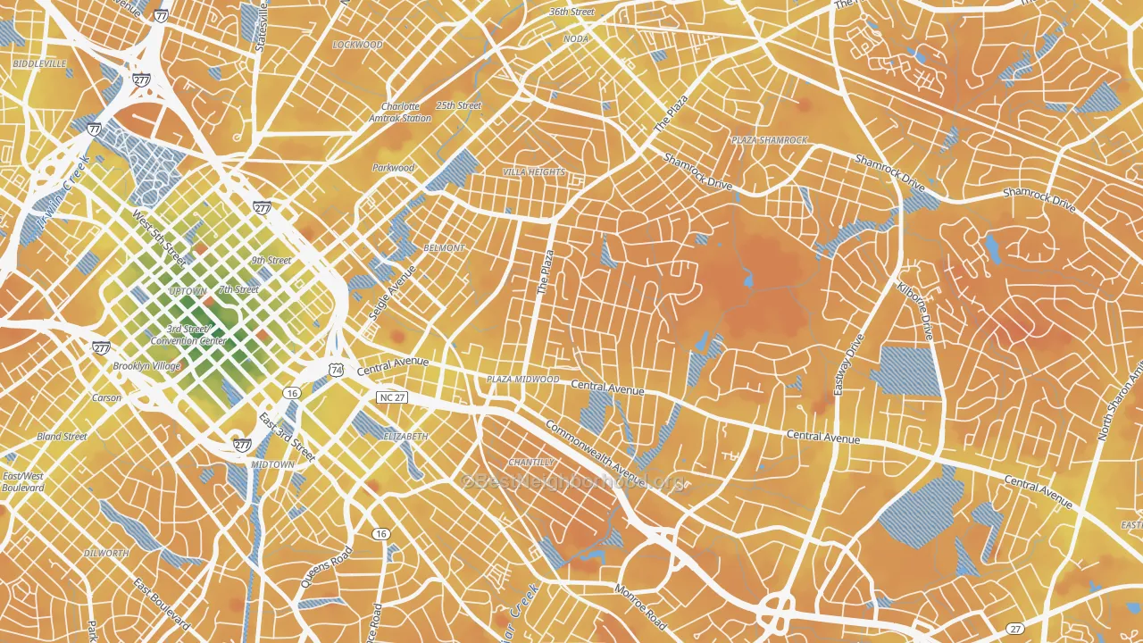 Transit Grade map of Plaza Midwood, Charlotte, NC