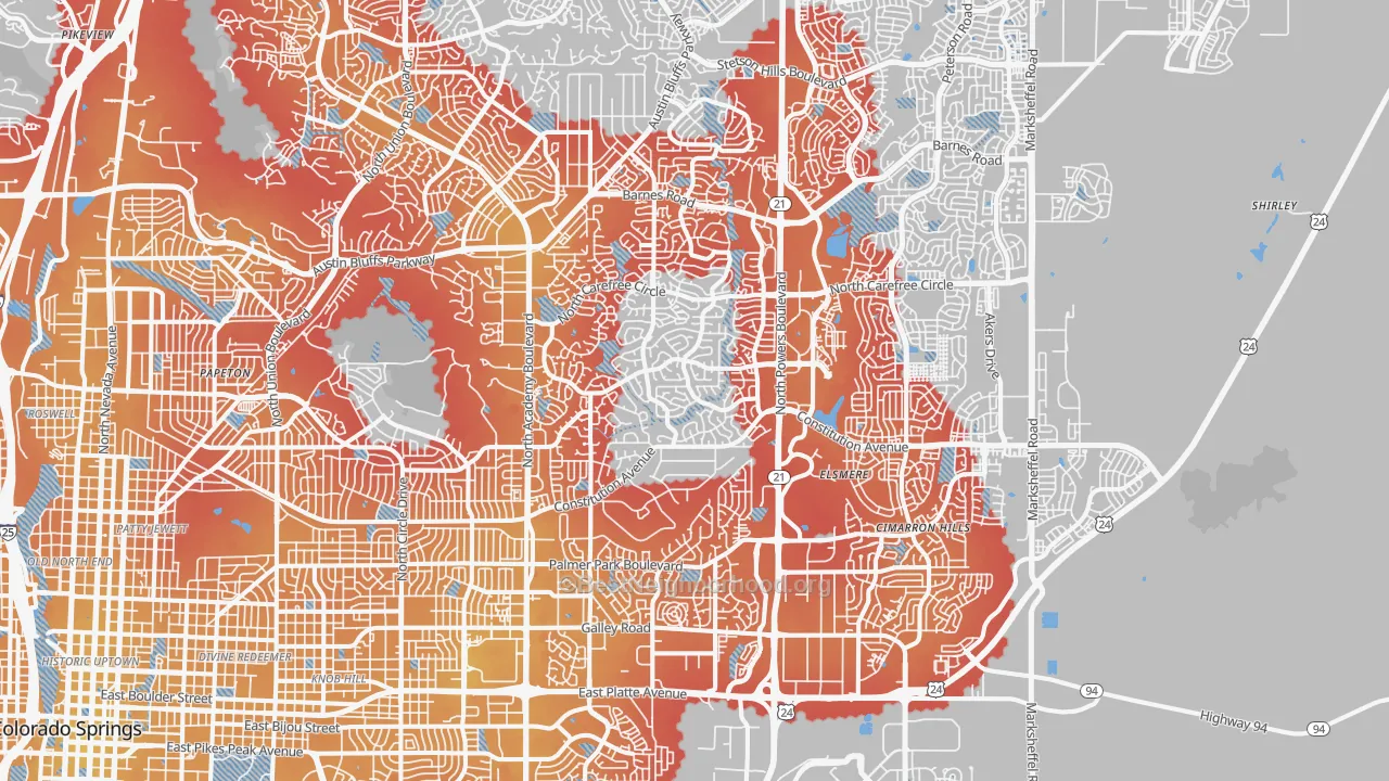 Transit Grade map of Powers, Colorado Springs, CO