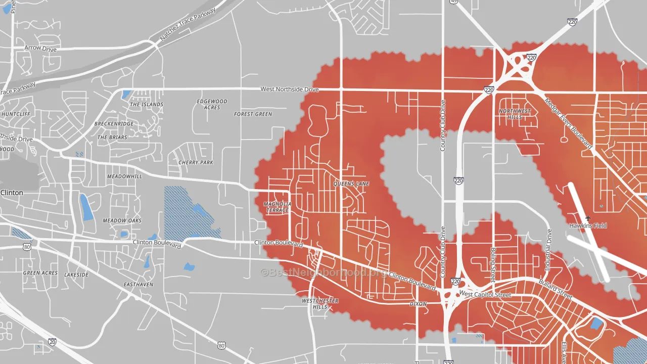 Transit Grade map of Queens-Magnolia Terrace, Jackson, MS