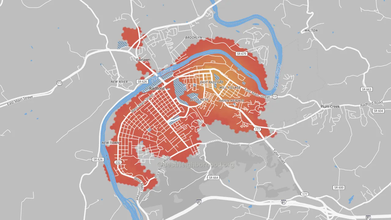 Transit Grade map of Radford City, VA