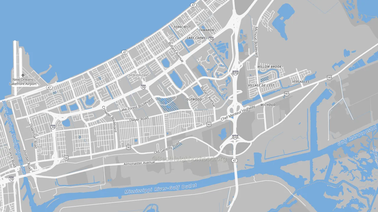 Transit Grade map of Read Blvd East, New Orleans, LA