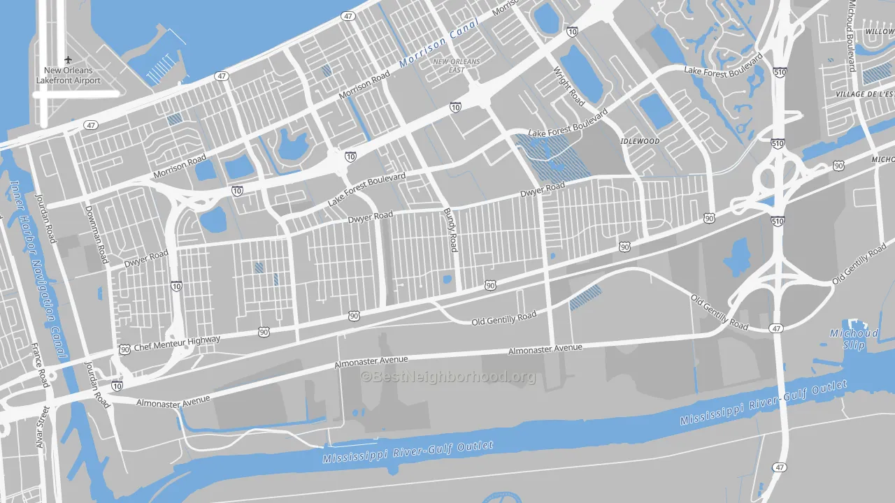 Transit Grade map of Read Blvd West, New Orleans, LA