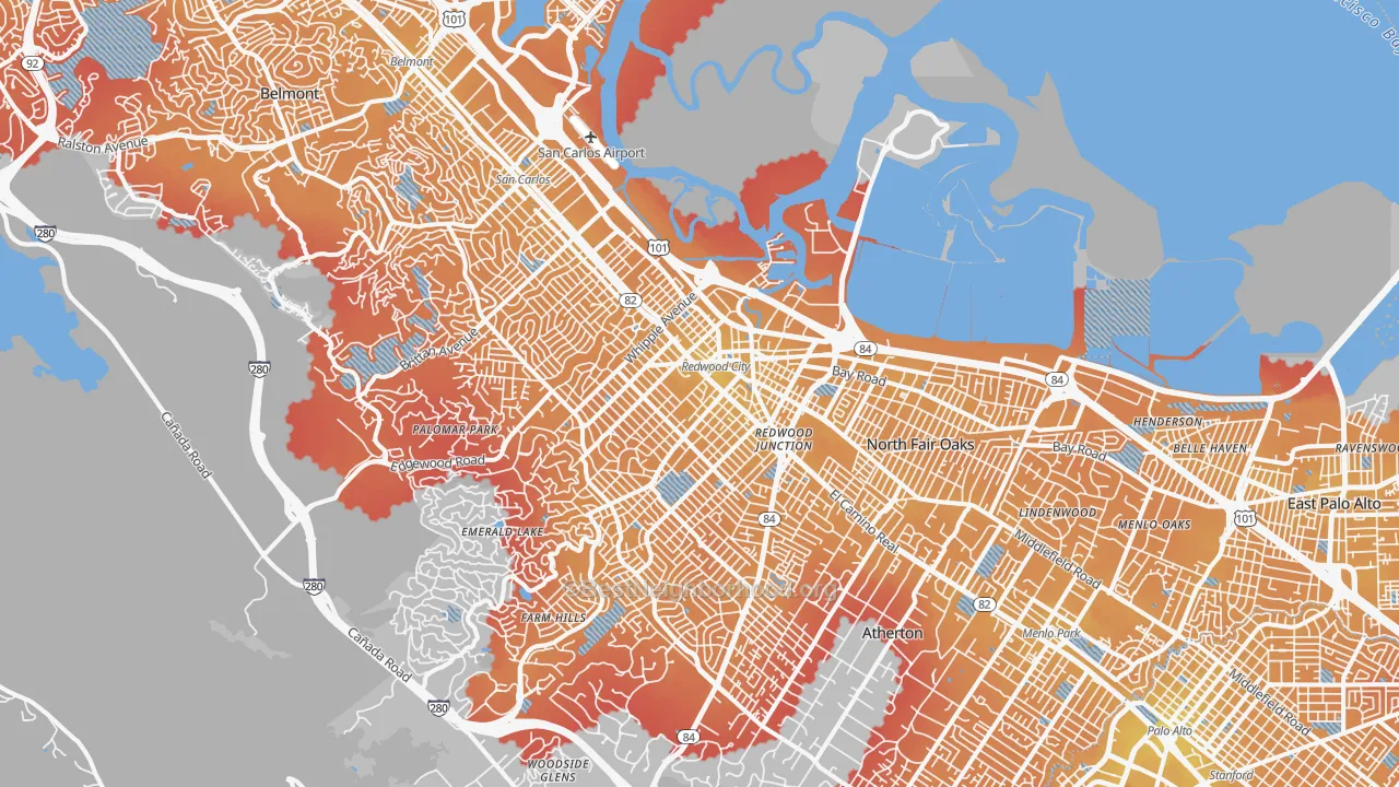 Transit Grade map of Redwood City, CA