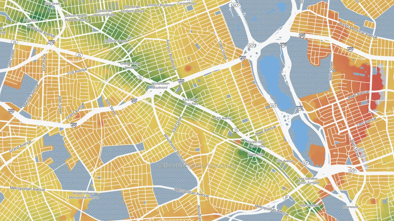 Transit Grade map of Rego Park, Queens, NY