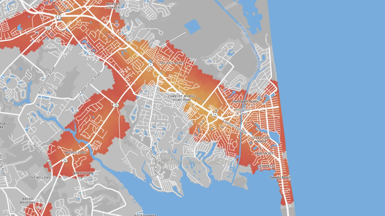 Transit Grade map of Rehoboth Beach, DE