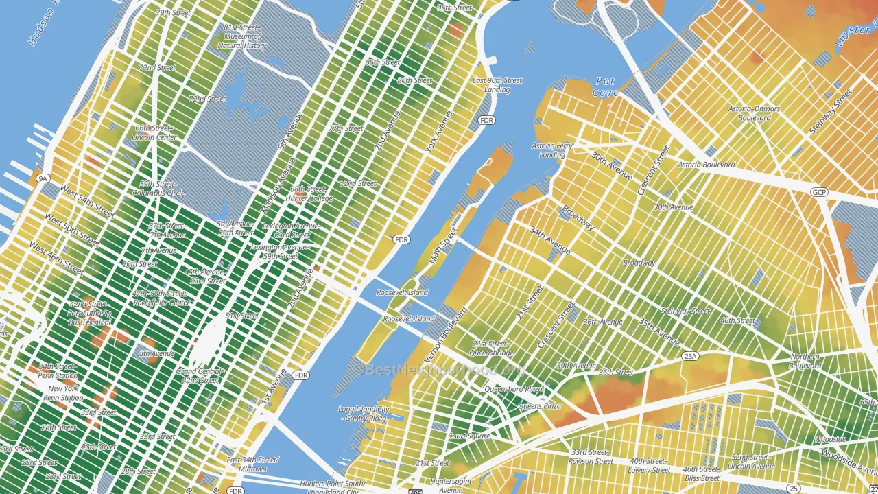 Transit Grade map of Roosevelt Island, Manhattan, NY