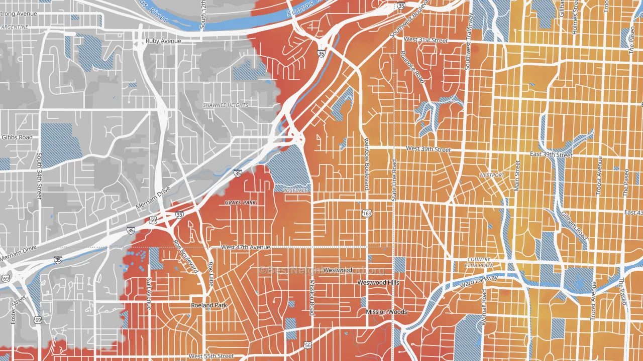 Transit Grade map of Rosedale, Kansas City, KS