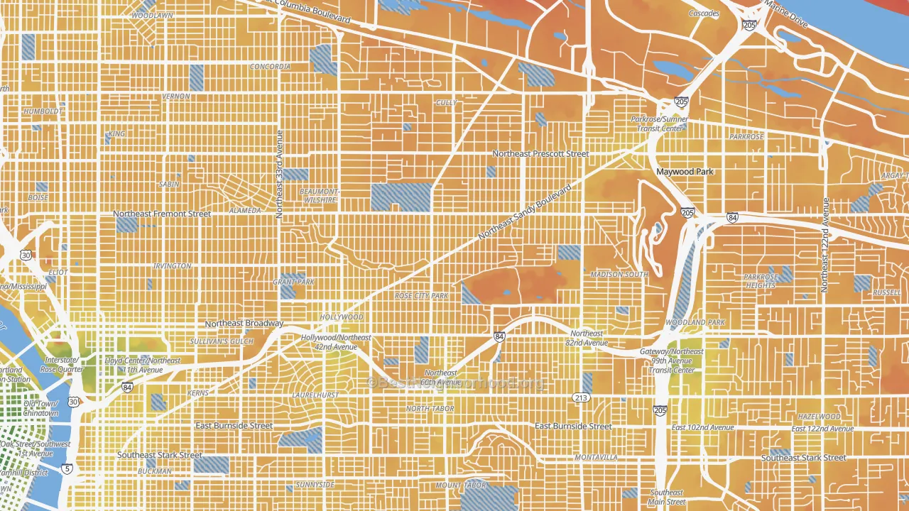 Transit Grade map of Roseway, Portland, OR