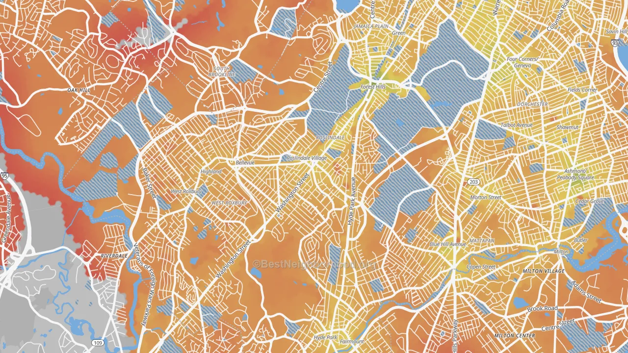 Transit Grade map of Roslindale, MA