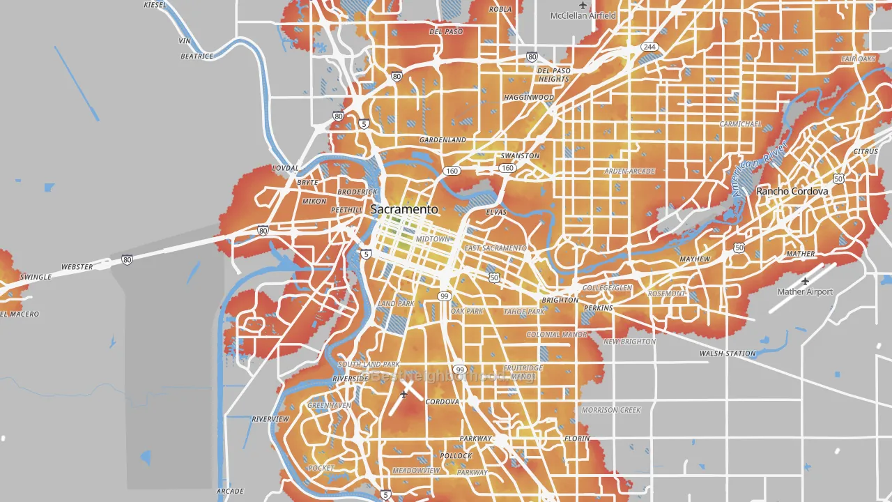 Transit Grade map of Sacramento, CA
