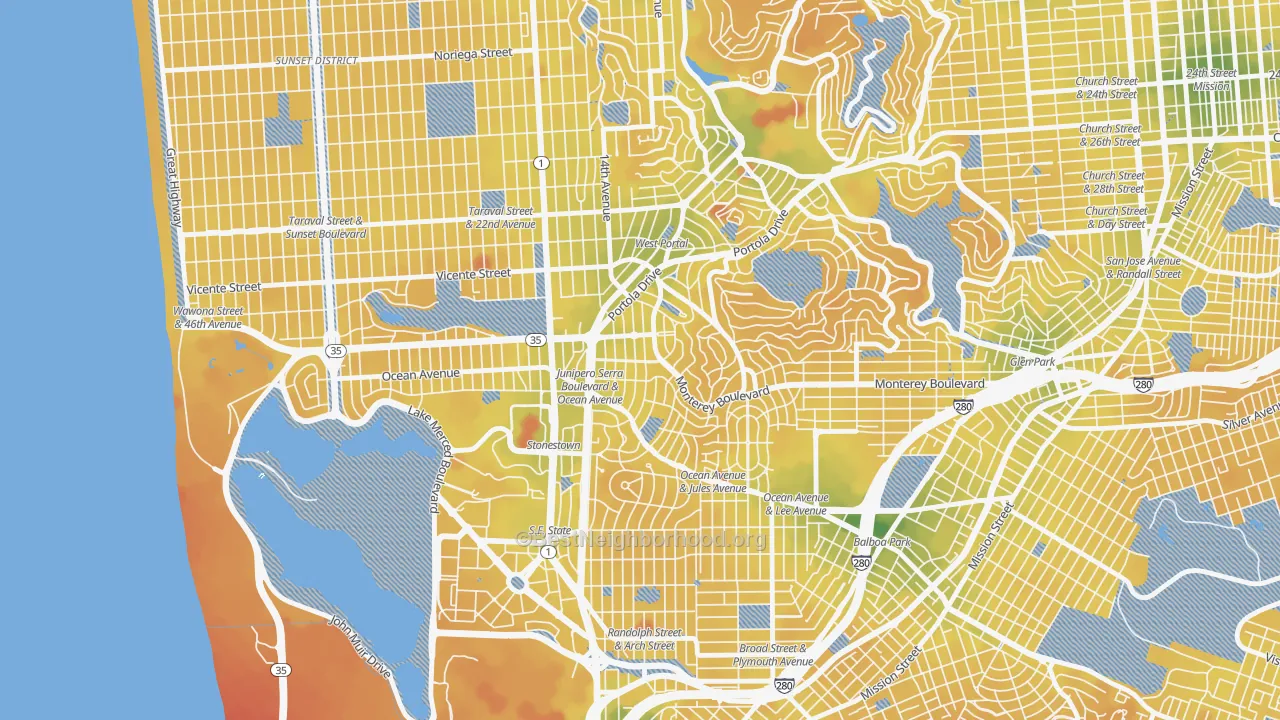 Transit Grade map of Saint Francis Wood, San Francisco, CA
