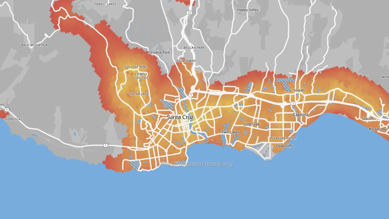 Transit Grade map of Santa Cruz, CA