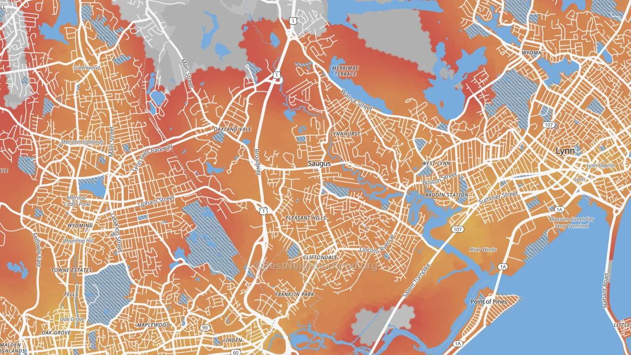 Transit Grade map of Saugus, MA