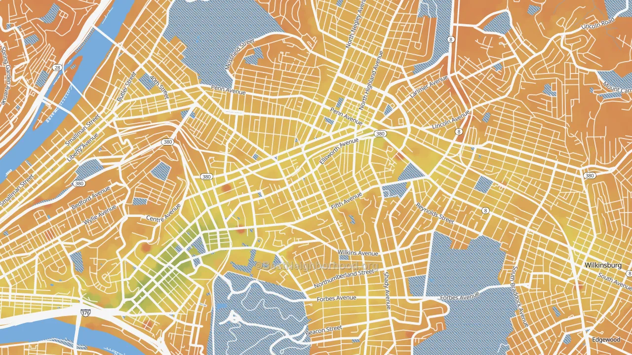 Transit Grade map of Shadyside, Pittsburgh, PA