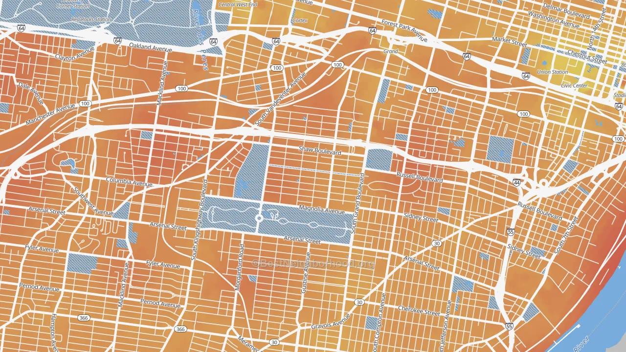Transit Grade map of Shaw, St. Louis, MO