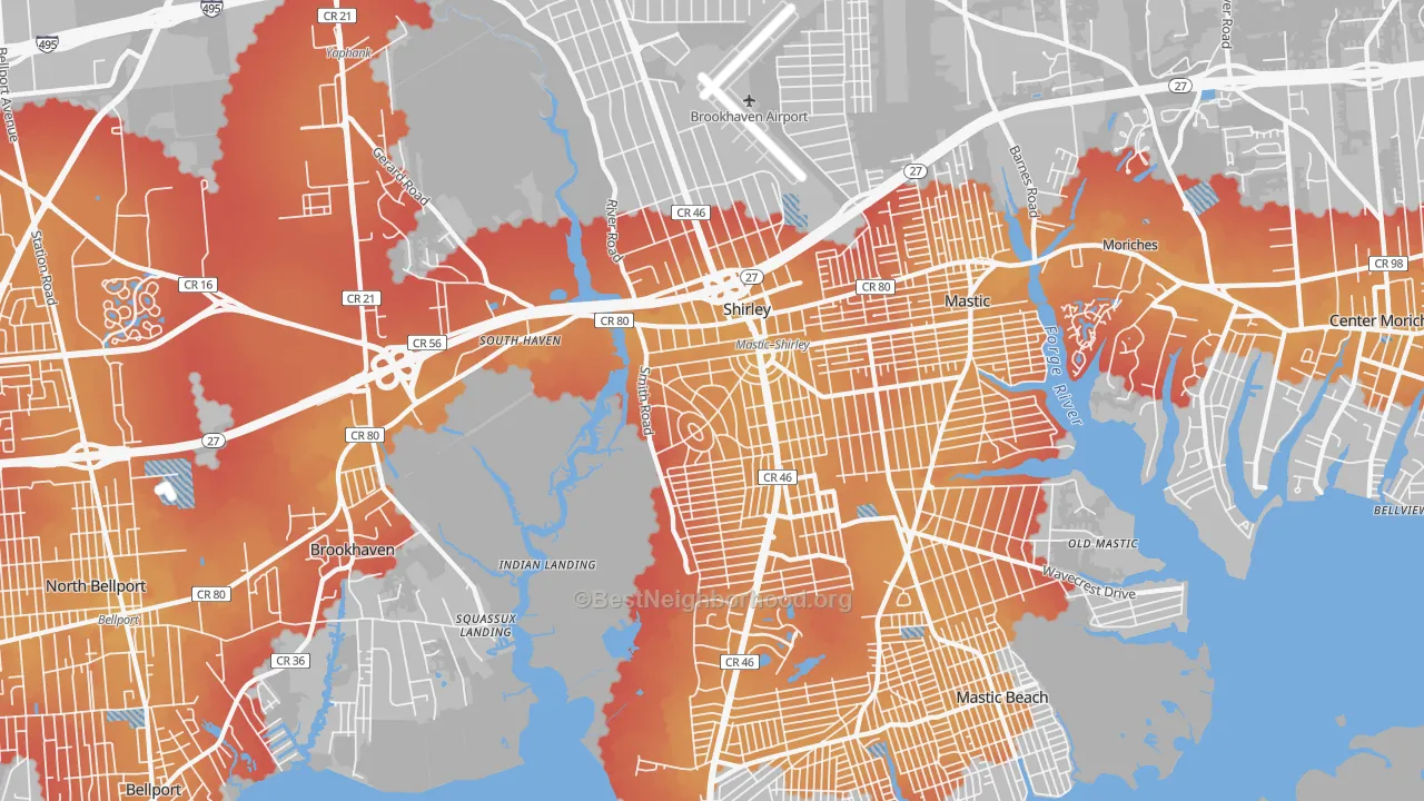 Transit Grade map of Shirley, NY