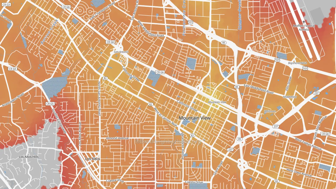 Transit Grade map of Shoreline West, Mountain View, CA
