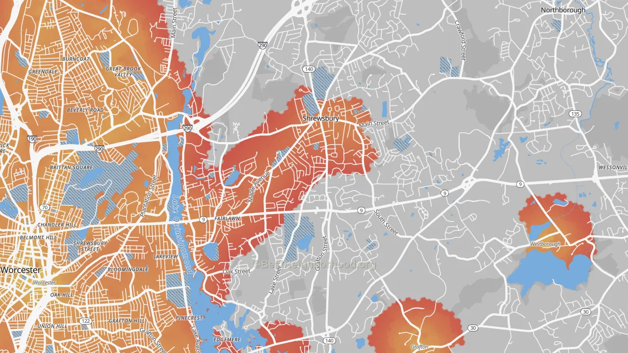 Transit Grade map of Shrewsbury, MA