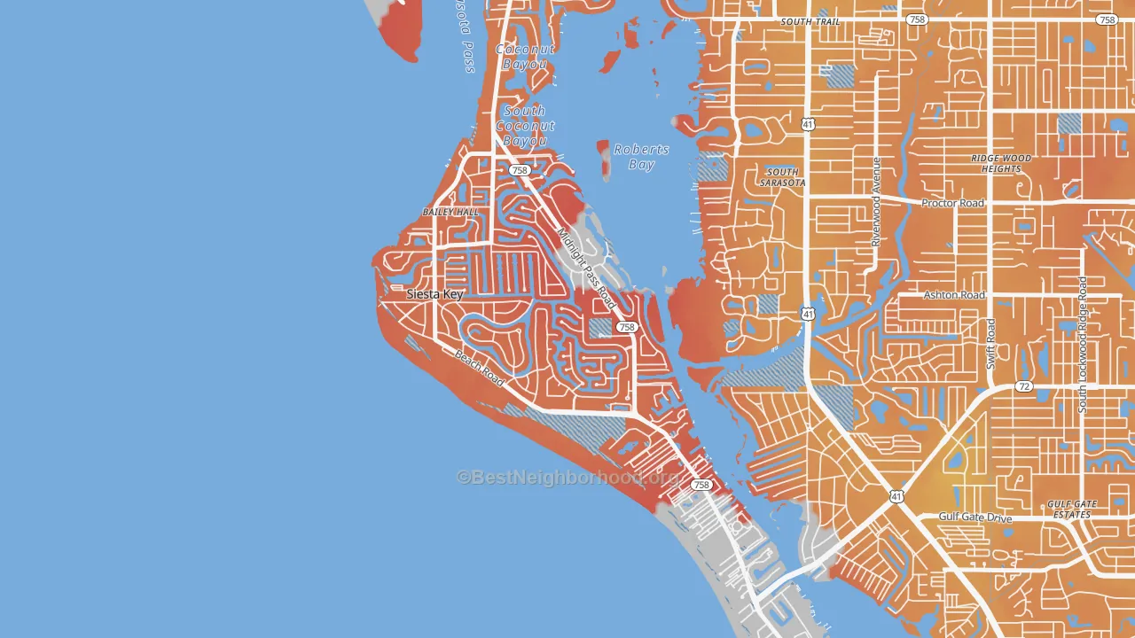 Transit Grade map of Siesta Key, FL
