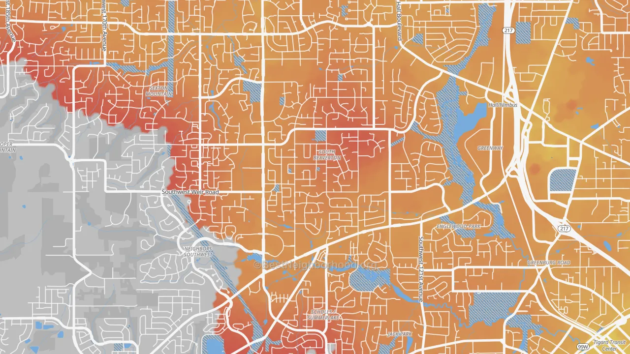 Transit Grade map of South Beaverton, Beaverton, OR