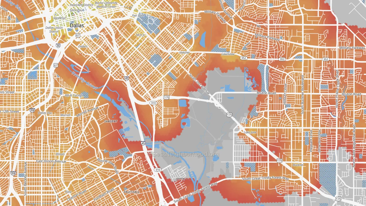 Transit Grade map of South Boulevard Park Row, Dallas, TX