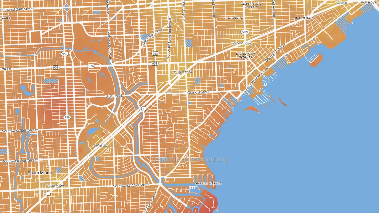 Transit Grade map of South Coconut Grove, Miami, FL