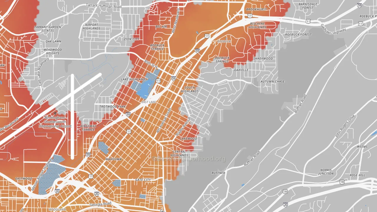 Transit Grade map of South East Lake, Birmingham, AL