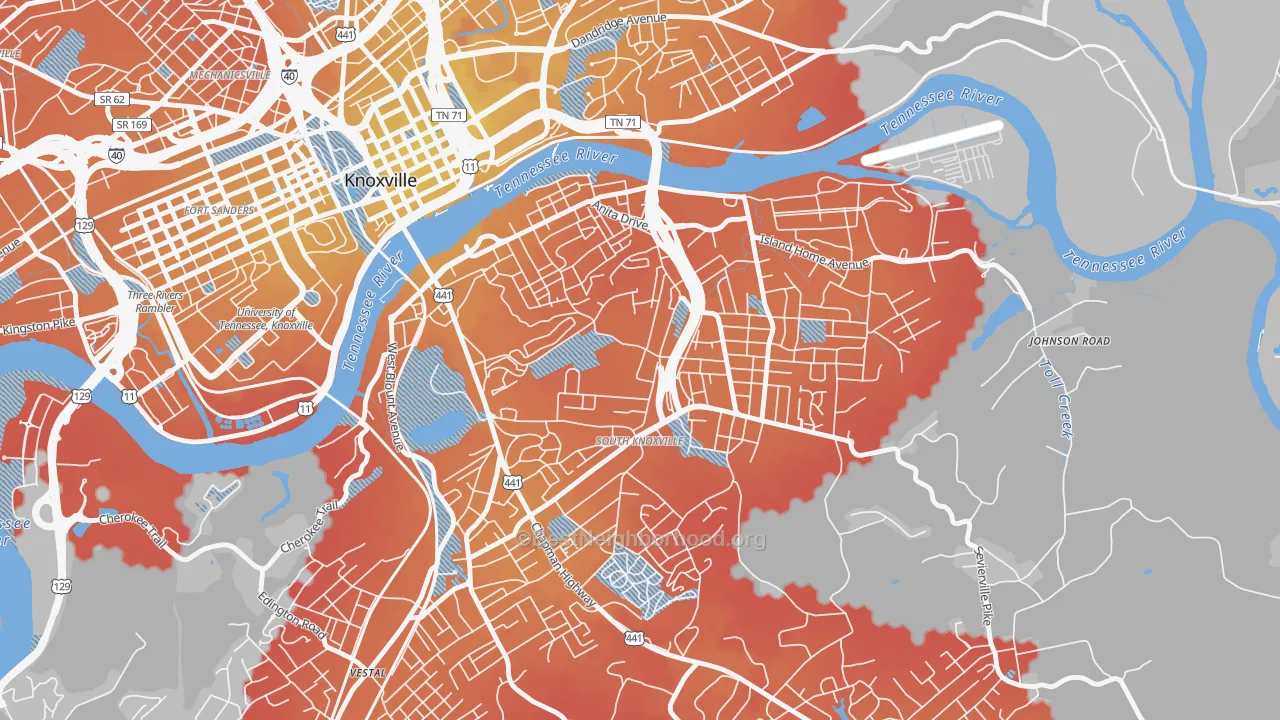 Transit Grade map of South Knoxville, Knoxville, TN