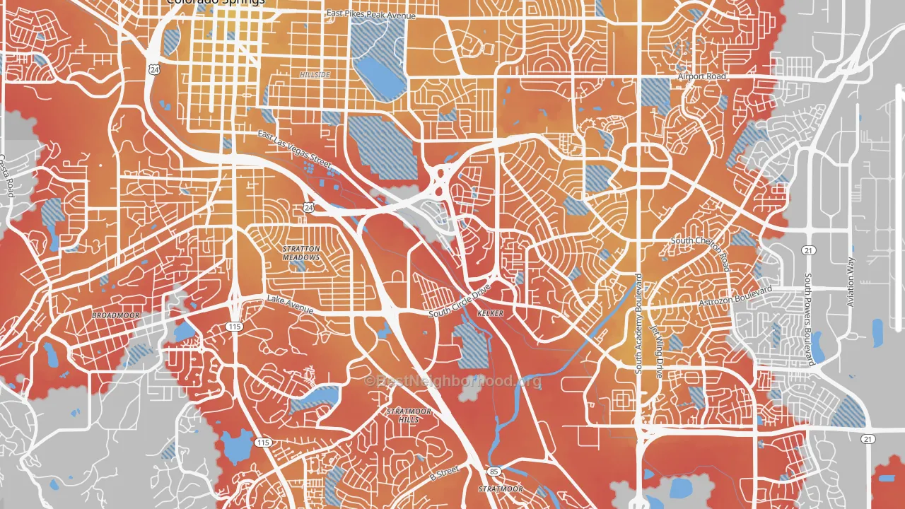 Transit Grade map of Southeast Colorado Springs, Colorado Springs, CO