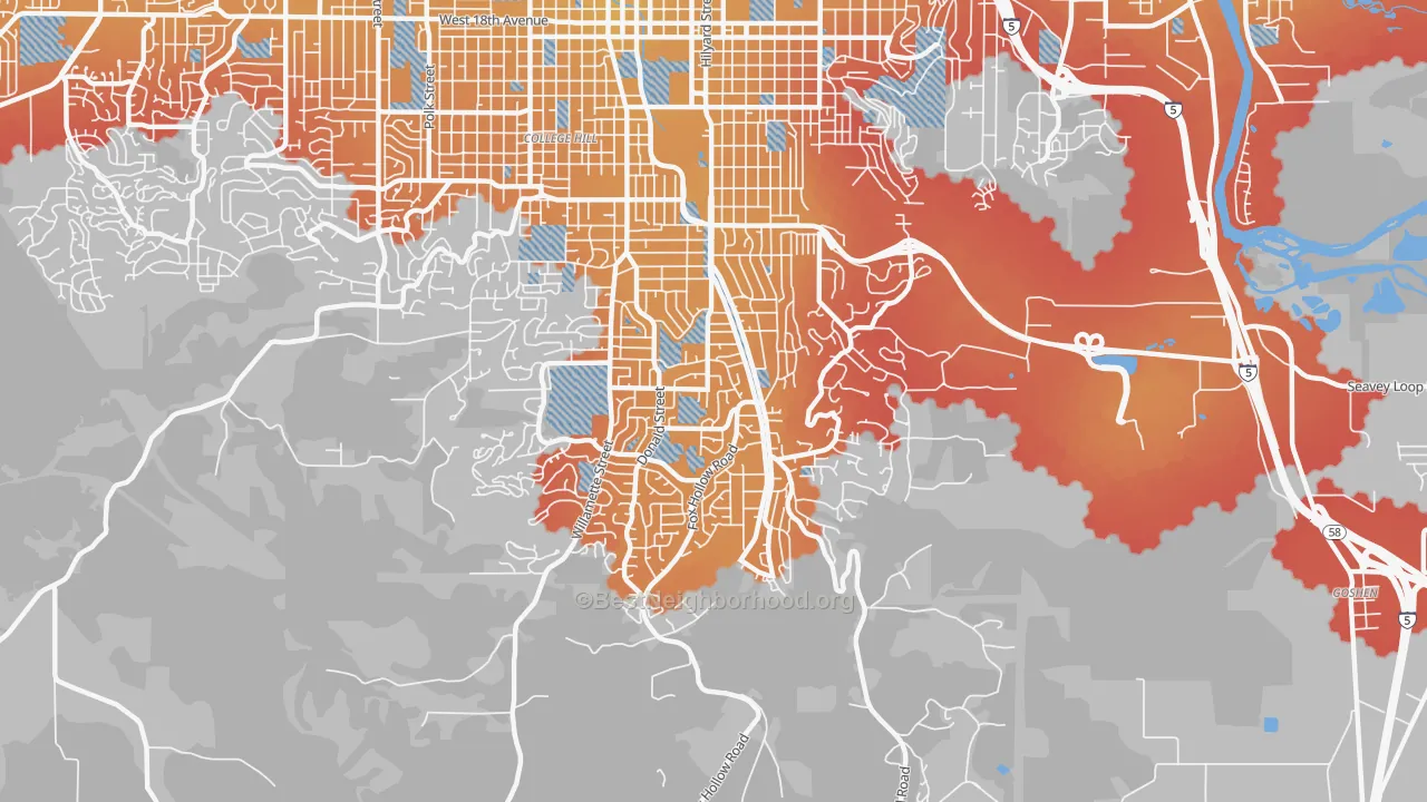 Transit Grade map of Southeast, Eugene, OR