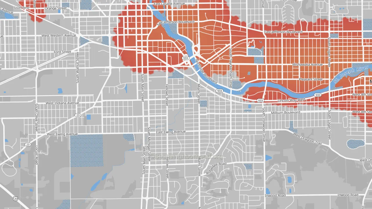 Transit Grade map of Southeast Quality, South Bend, IN