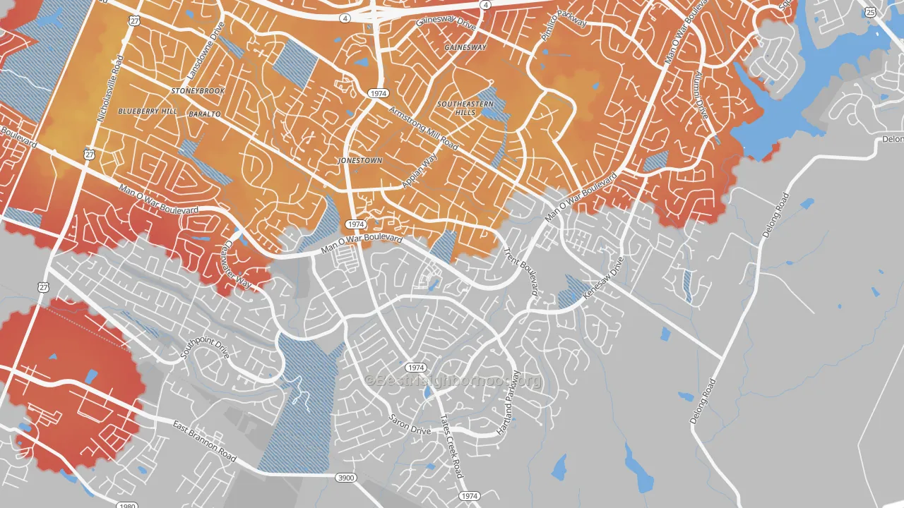 Transit Grade map of Southeastern Hills, Lexington, KY
