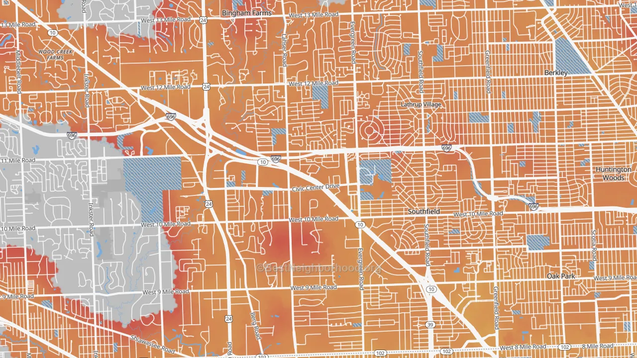 Transit Grade map of Southfield, MI
