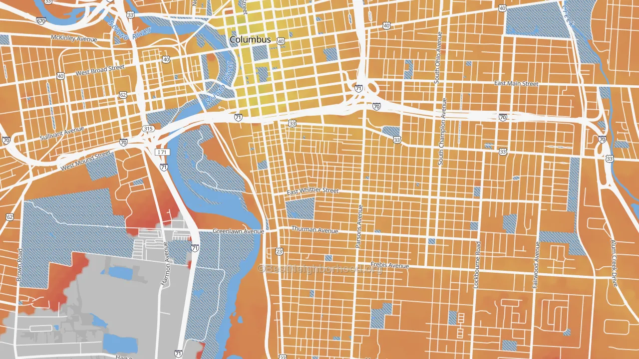 Transit Grade map of Southside Columbus, Columbus, OH