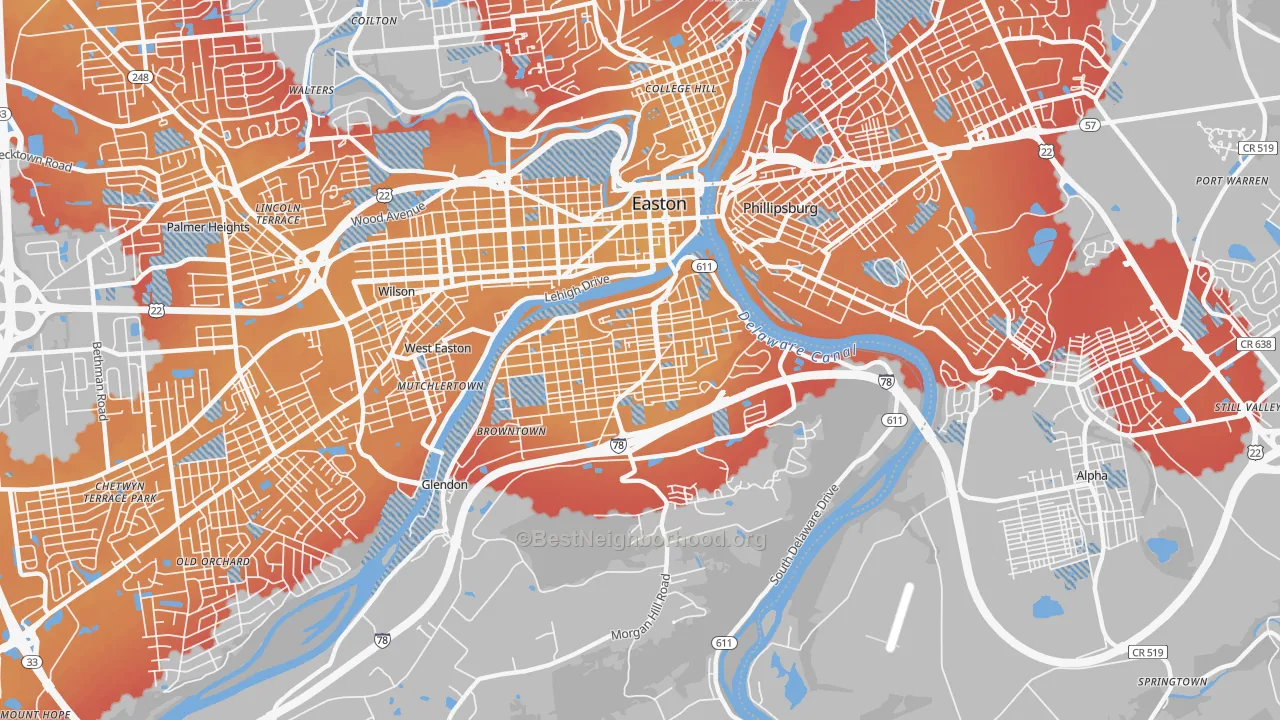 Transit Grade map of Southside, Easton, PA