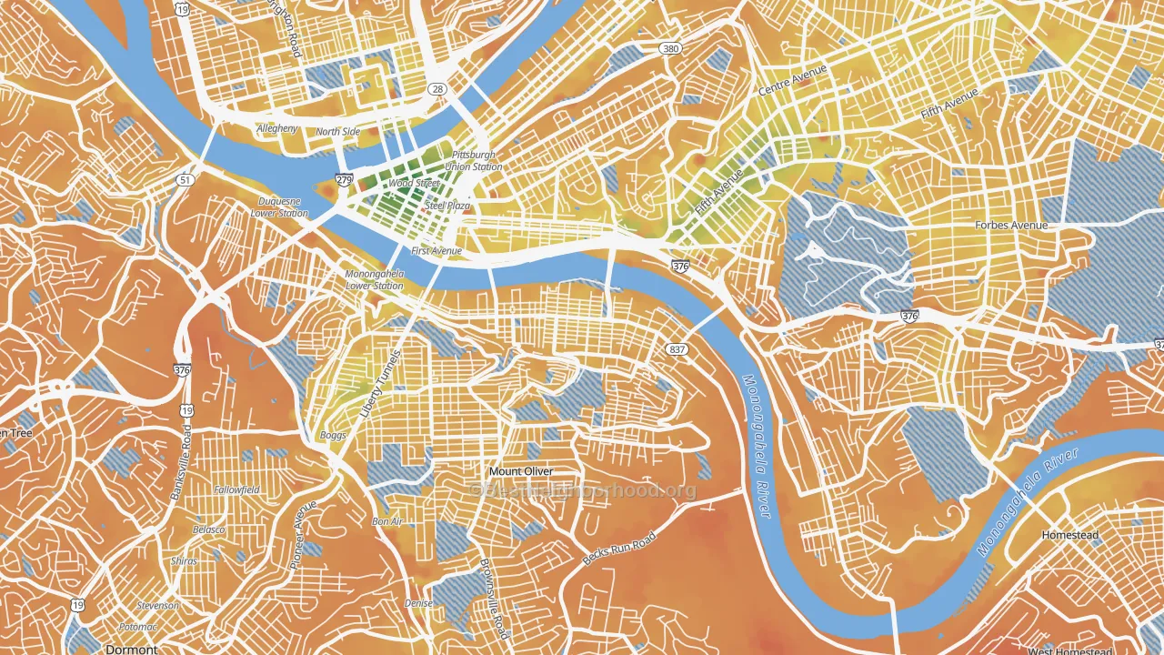 Transit Grade map of Southside Flats, Pittsburgh, PA