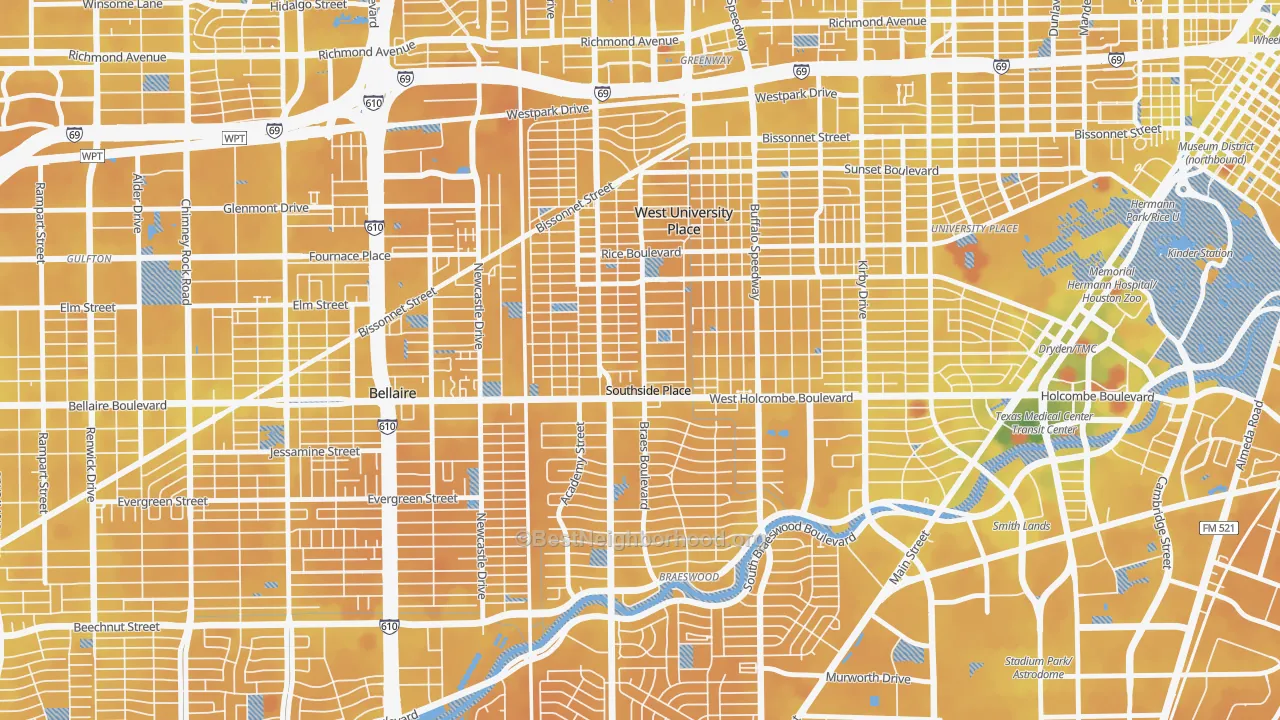 Transit Grade map of Southside Place, TX