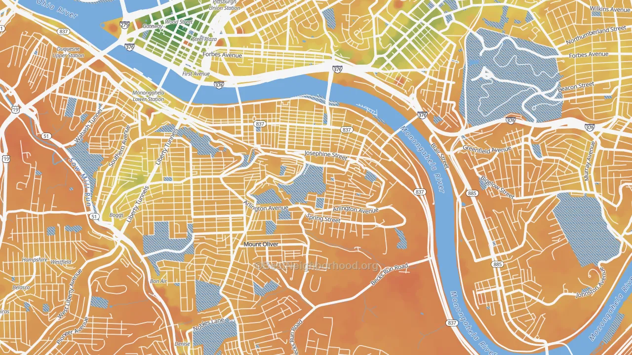 Transit Grade map of Southside Slopes, Pittsburgh, PA
