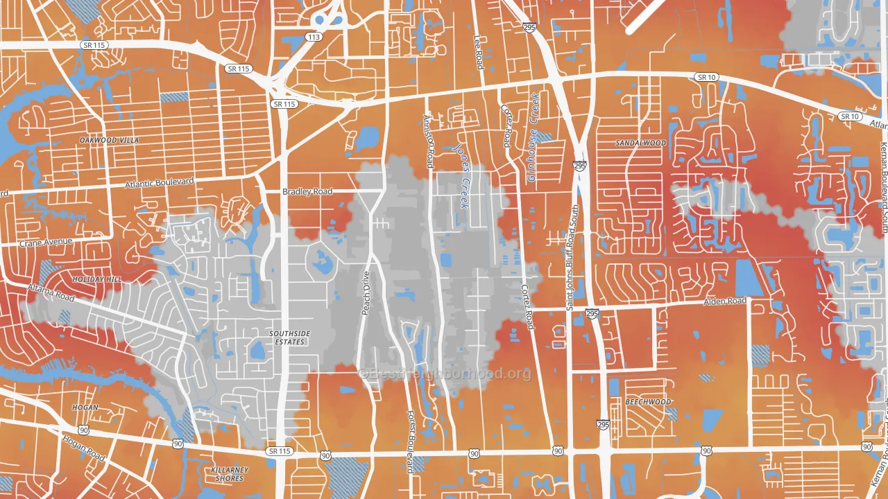 Transit Grade map of Southsuide Estates, Jacksonville, FL
