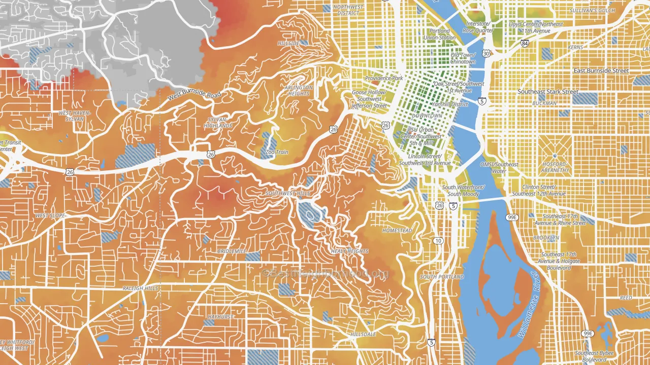 Transit Grade map of Southwest Hills, Portland, OR
