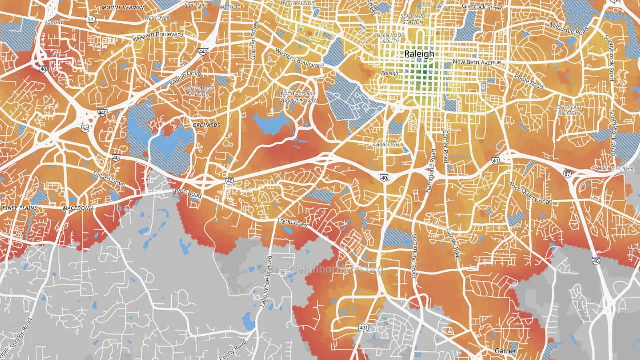 Transit Grade map of Southwest Raleigh, Raleigh, NC