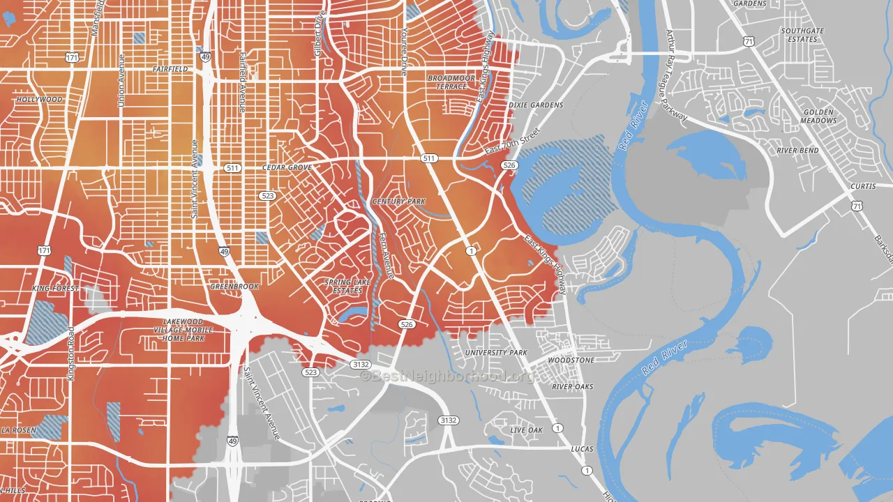 Transit Grade map of Springlake-University Terrace, Shreveport, LA