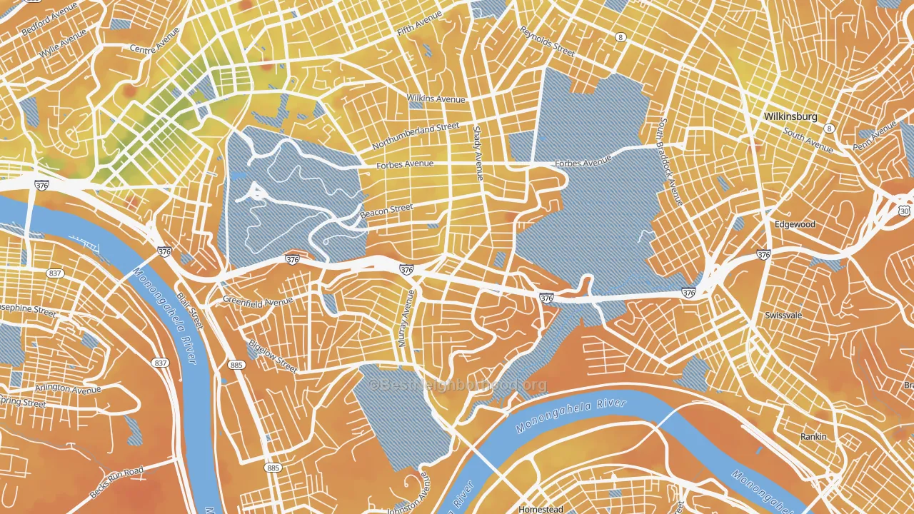 Transit Grade map of Squirrel Hill South, Pittsburgh, PA