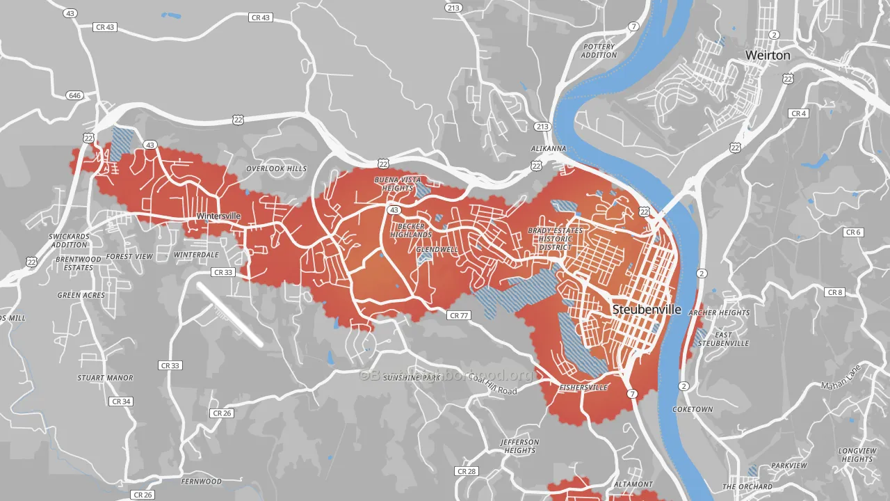 Transit Grade map of Steubenville, OH
