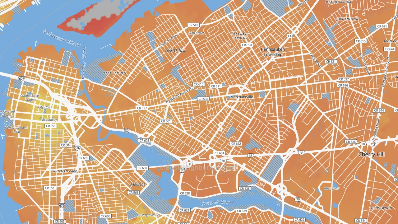 Transit Grade map of Stockton, Camden, NJ