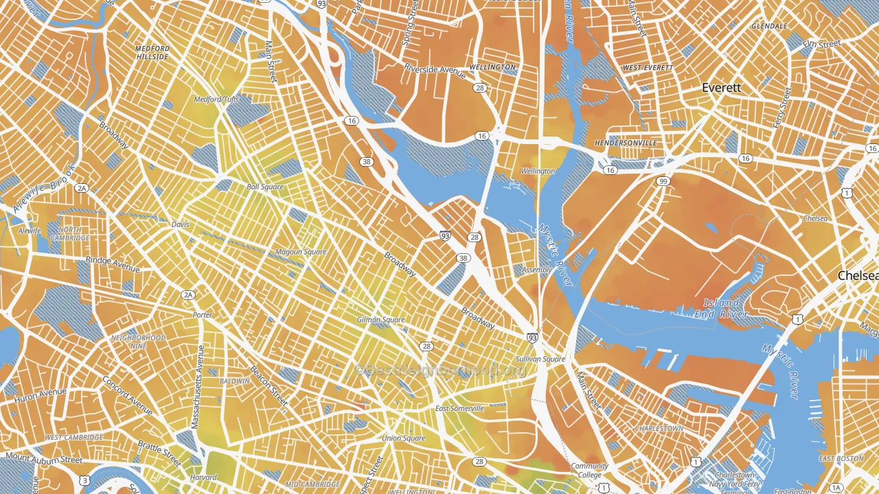 Transit Grade map of Ten Hills, Somerville, MA