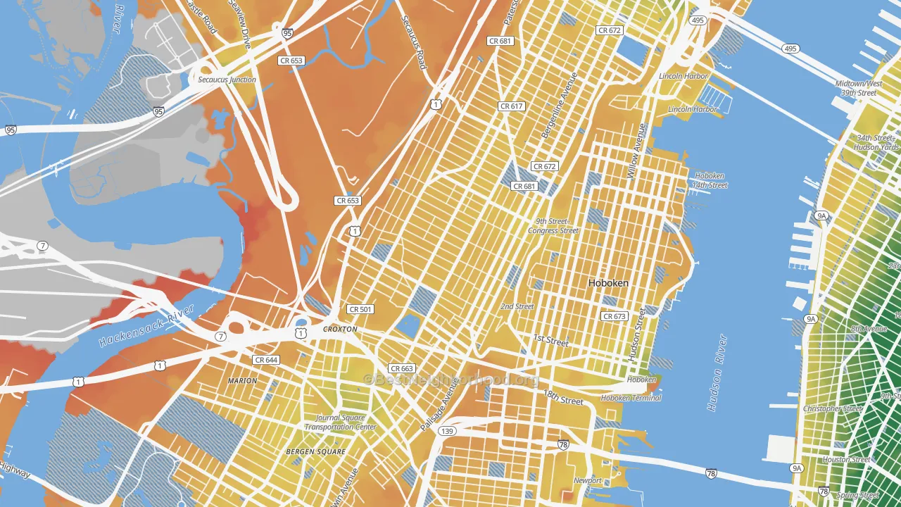 Transit Grade map of The Heights, Jersey City, NJ