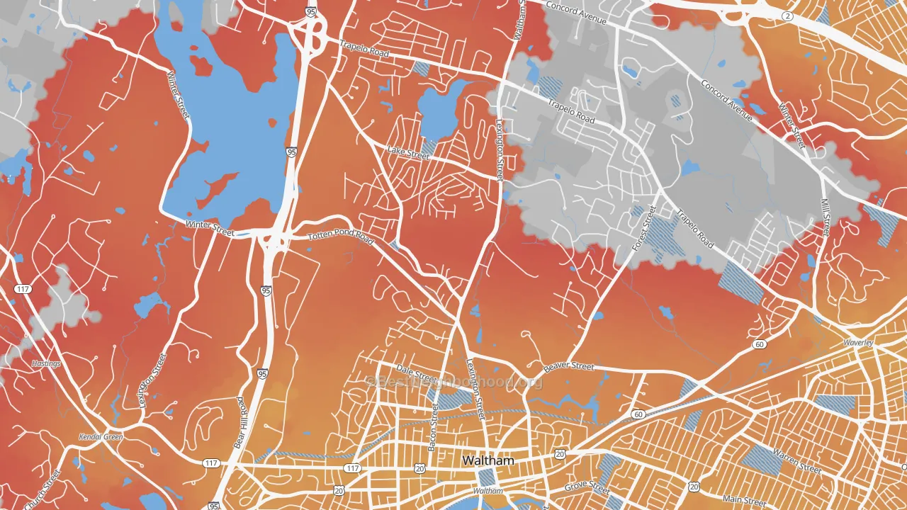 Transit Grade map of The Lanes, Waltham, MA