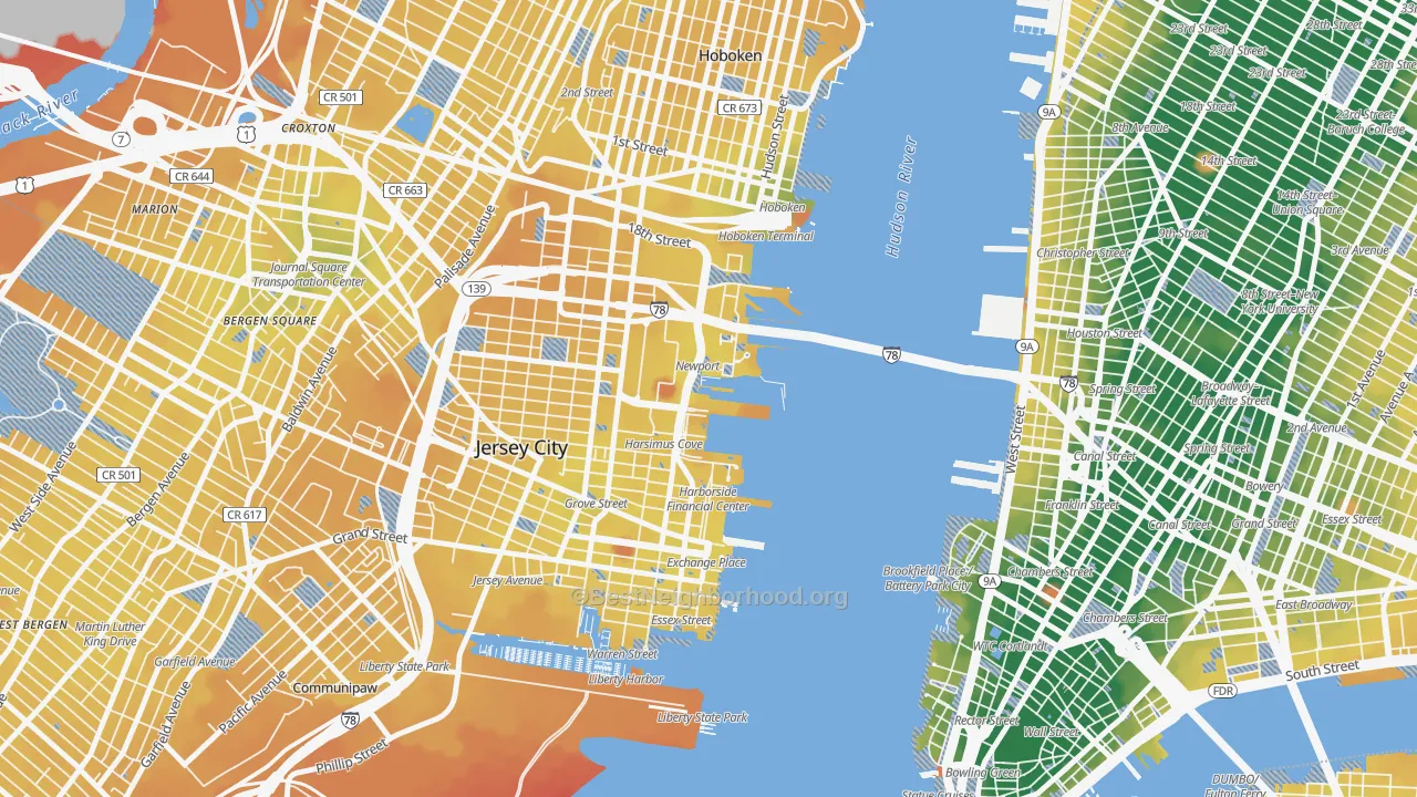 Transit Grade map of The Waterfront, Jersey City, NJ